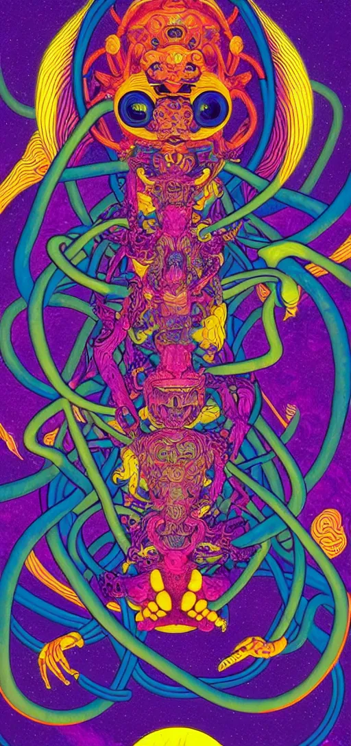 Image similar to dmt creature portraits in the style of kaws, victo ngai, lisa frank, francis goya, basil wolverton, roy litchenstein, mc escher style