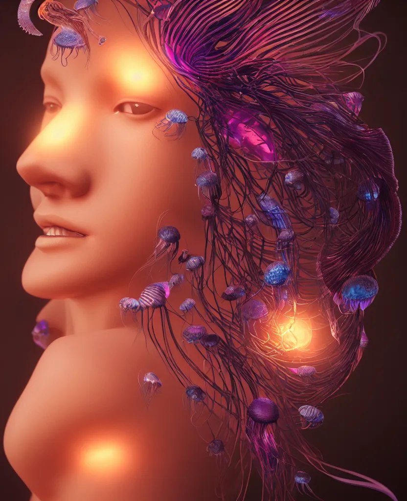 Image similar to goddess close-up portrait. jellyfish phoenix head, nautilus, orchid, skull, betta fish, bioluminiscent creatures, intricate artwork by Tooth Wu and wlop and beeple. octane render, trending on artstation, greg rutkowski very coherent symmetrical artwork. cinematic, hyper realism, high detail, octane render, 8k