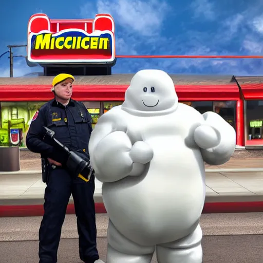 Image similar to the michelin man is standing in front of an applebee's restaurant. he has his hands behind his back in handcuffs. a police officer stands nearby holding a gun. the sun is going down. there is blood on the ground. ultra realistic, highly detailed, photography, vivid