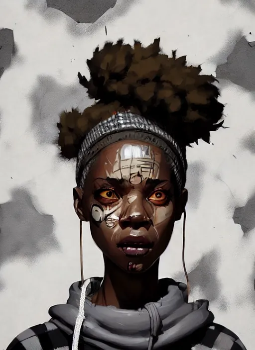Prompt: highly detailed portrait of a sewer punk african american lady, tartan hoody, white afro hair by atey ghailan, by greg rutkowski, by greg tocchini, by james gilleard, by joe fenton, by kaethe butcher, gradient cyan, brown, blonde cream and white color scheme, grunge aesthetic!!! ( ( graffiti tag wall background ) )