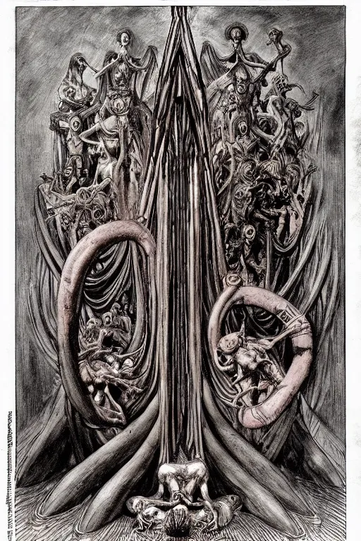 Image similar to occult diagram of a twisted evil pipe organ in the style of wayne barlowe, gustav moreau, goward, Gaston Bussiere and roberto ferri, santiago caruso, ((jose gabriel alegria sabogal)), composition by austin osman spare!