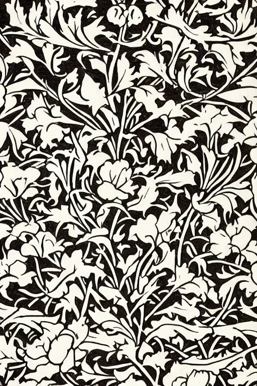 Prompt: black rose pattern, art by william morris, illustration, arts and crafts, art deco