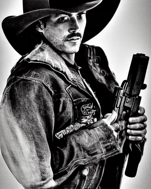 Image similar to portrait of cowboy holding realistic symmetrical colt single action army revolver, black and white polaroid, western, high production value, intricate details, high resolution, hyperrealistic, hdr, high definition, award winning photography, masterpiece, ultra realistic, highly detailed, hd, sharp focus, cinematic lighting, shaded, non blurry, sharp, smooth