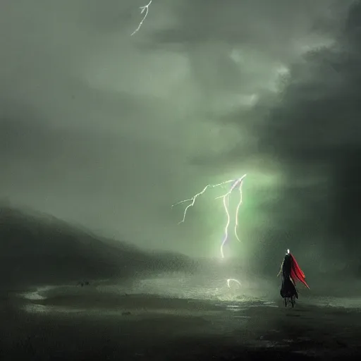 Image similar to a detailed picture of beautiful woman with black hair, wearing a green cloak, running away in a thunderstorm riding a horse at night, bolts of lightning, ominous, 4k, Greg Rutkowski