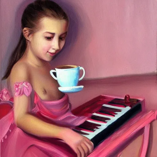 Prompt: highly detailed painting of young russian girl playing a pink keyboard with a cup of tea, realistic,