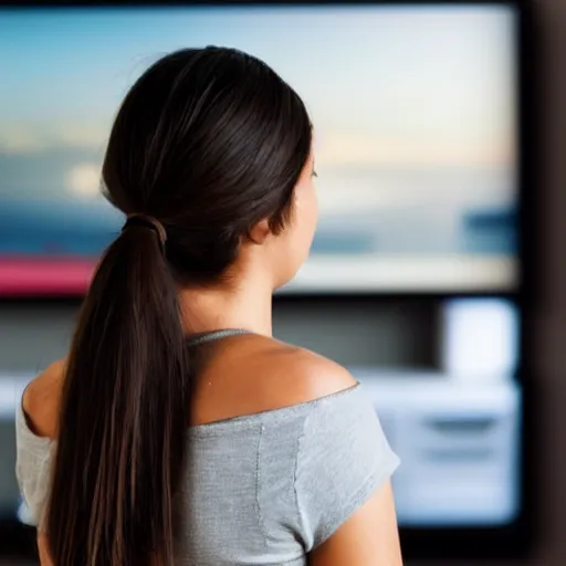 Image similar to Over the shoulder shot of a woman looking back at you. The T.V. is illuminating a disturbing grey image on the TV screen.