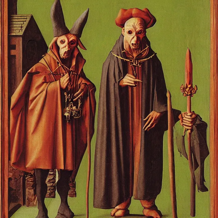 Prompt: a goblin monster priest, by Jan van Eyck