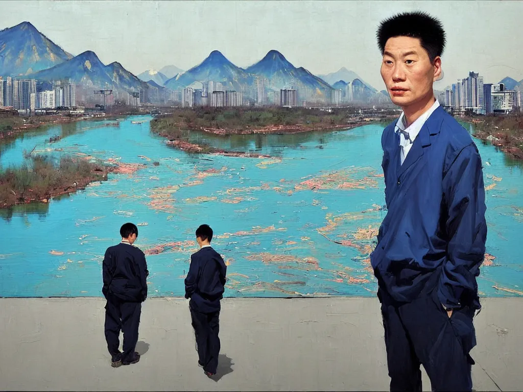 Prompt: ‘The Center of the World’ (Liu Xiaodong realist oil painting, large thick messy colorful brushstrokes, next to a blue river and mountains) was filmed in Beijing in April 2013 depicting a white collar office worker. A man in his early thirties – the first single-child-generation in China. Representing a new image of an idealized urban successful booming China.