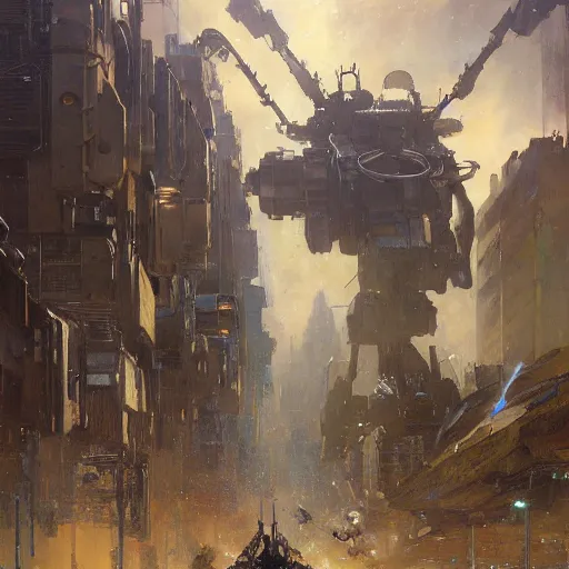 Prompt: six meters tall mech fighting in an urban environment, epic action scene, by gaston bussiere craig mullins jc leyendecker gustav klimt artgerm greg rutkowski john berkey, bergey, craig mullins, ruan jia, raymond swanland, jeremy mann, tom lovell, alex malveda