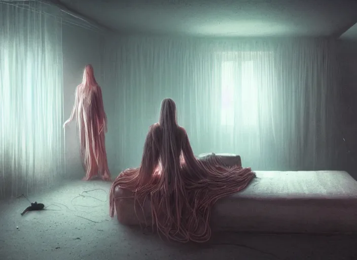 Prompt: rgb, woman, bedroom, cinematic, movie scene, inspired by zdzislaw beksinski, clothes made out of veins,, cables everywhere, bedroom, ultra realistic, concept art, intricate details, highly detailed, photorealistic, octane render, 8 k