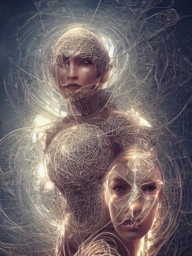 Image similar to a photo of a robotic woman covered in modular synthesizer parts surrounded by sacred geometry made from elven architecture, full body, perfect face, powerful, cinematic, beautifully lit, by artgerm, by karol bak, 3 d, octane render, 8 k