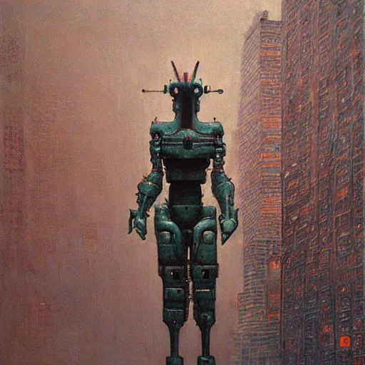 Prompt: giant robot in new york, highly detailed beksinski art