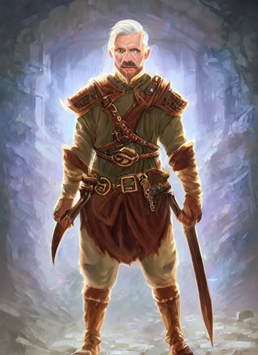 Image similar to young man with short white combover hair and moustache, dndbeyond, bright, colourful, realistic, dnd character portrait, full body, pathfinder, pinterest, art by ralph horsley, dnd, rpg, lotr game design fanart by concept art, behance hd, artstation, deviantart, hdr render in unreal engine 5