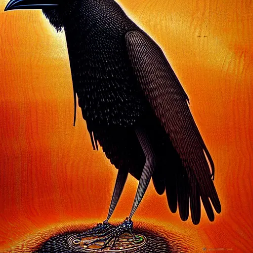 Prompt: artistic drawing of a surreal crow, made of engrenage by andrew ferez and johfra bosschart, visionary, detailed, realistic, surreality