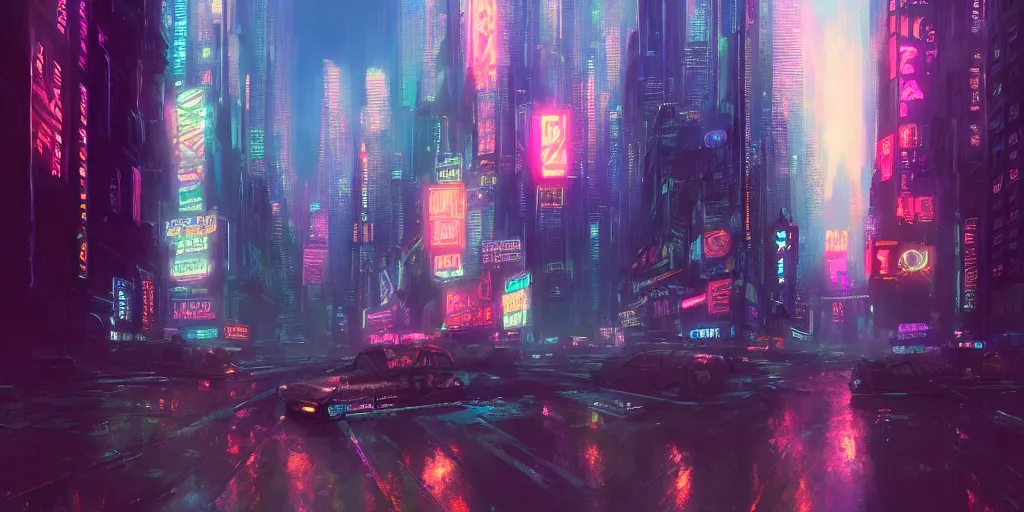 Prompt: New York City by Neon Light, in the style of Cyberpunk Impressionism, Krenz Cushart, Moebius, and Muchain, Prismatic, Rococo, Pearlescent, reflective, shimmering, highly detailed, masterpiece, dreamy, concept art, Cinema lighting, 8k, trending on artstation