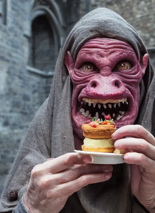 Image similar to closeup profile face portrait of a medieval goblin eating cakes in the cloisters, depth of field, zeiss lens, detailed, symmetrical, centered, fashion photoshoot, by annie leibovitz and steve mccurry, david lazar, jimmy nelsson, breathtaking, 8 k resolution, extremely detailed, beautiful, establishing shot, artistic, hyperrealistic, beautiful face, octane render