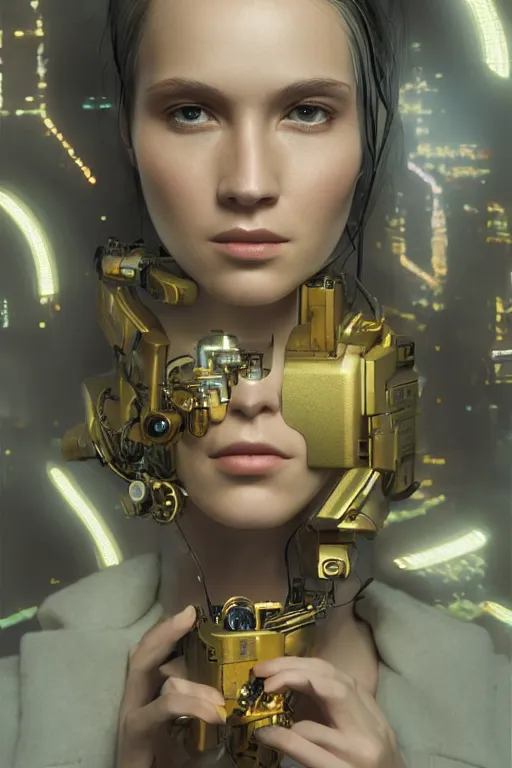 Image similar to Kodak Portra 400, 8K, soft light, volumetric lighting, highly detailed, britt marling style 3/4 ,portrait photo of a beautiful cyborg woman with gold , cyberpunk,sci-fi, fantasy, intricate, elegant, highly detailed, digital painting, artstation, concept art, smooth, sharp focus, illustration, art by artgerm and greg rutkowski and alphonse mucha