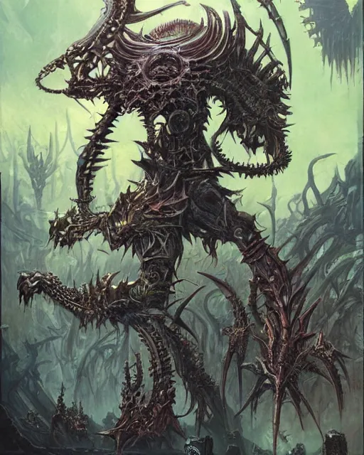 Image similar to biomechanical warhammer final boss creature vecna, art by bruce pennington and peter mohrbacher