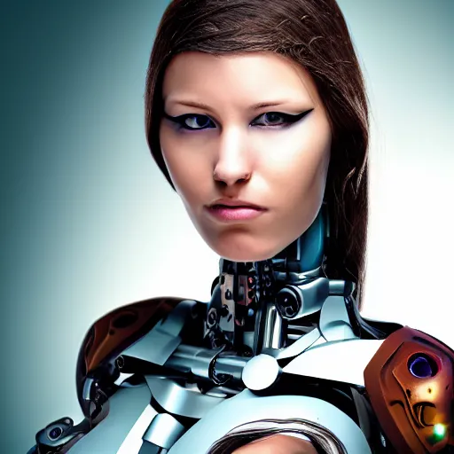 Prompt: portrait photo of a beautiful female cyborg (((from stone age)))