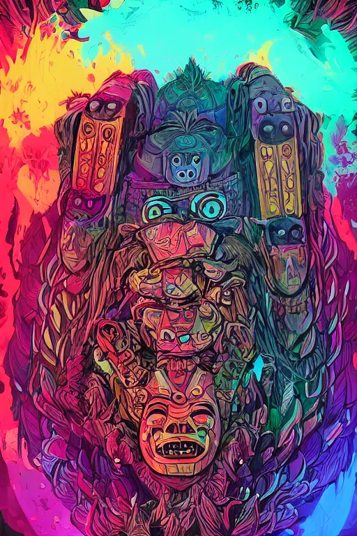 Image similar to totem animal tribal chaman vodoo mask feather gemstone plant wood rock video game illustration vivid color borderlands by josan gonzales and dan mumford radiating a glowing aura