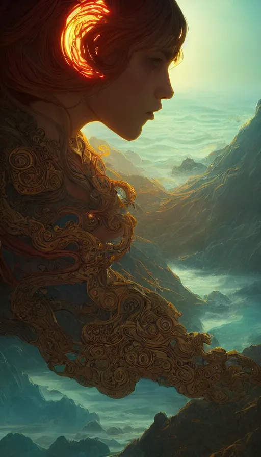 Image similar to earthsea, neon, fibonacci, sweat drops, insane, intricate, highly detailed, digital painting, artstation, concept art, smooth, sharp focus, illustration, Unreal Engine 5, 8K, art by artgerm and greg rutkowski and alphonse mucha