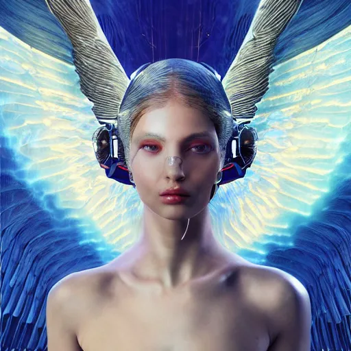 Image similar to UHD photorealistic studio portrait of a cyborg Angel with Angel wings, futuristic robot angel, extremely detailed, 8k, cinematic lighting, in the style of Max Ernst and Karol Bak, art by Amano with vivid colors and crisp details