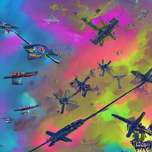 Image similar to “ battle of normandy in the style of lisa frank, historical photograph, aerial photo, wide angle, realistic, cyberpunk ”