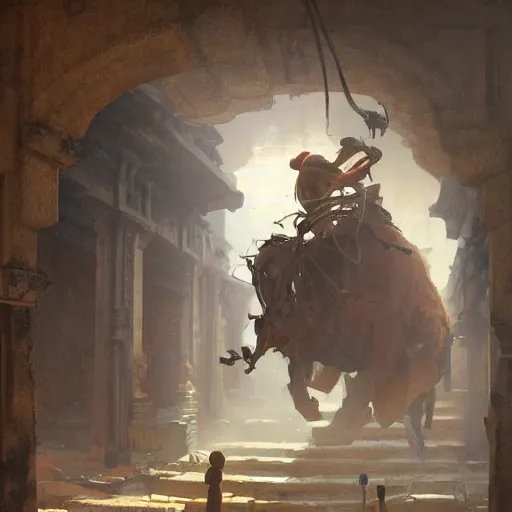 Image similar to indiana jones stealing a catalytic convertor, that is on a trapped pedastal, from inside a temple, painted by greg rutkowski