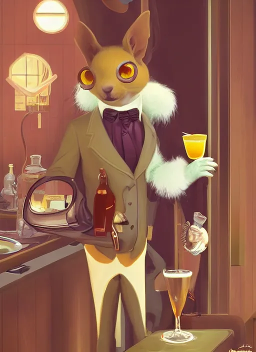 Image similar to squirrel anthro as a dapper bartender with a big, fluffy tail, retro futurism, art deco, detailed, painterly digital art by WLOP and Cory Loftis and Quint Buchholz, 🐿🍸🍋, furaffinity, trending on artstation