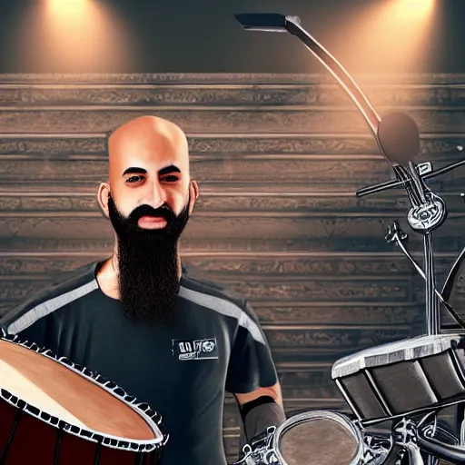 Prompt: bald arab guy with a beard playing a drum solo on a large drum kit, extremely detailed, concept art, soft lighting, 8k
