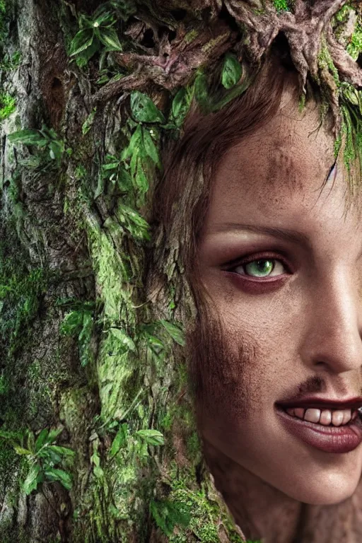 Image similar to A hyper real photo of a female dryad, whose face is made of wood, rendered in unreal, 4k, subtle horror theme, menacing.