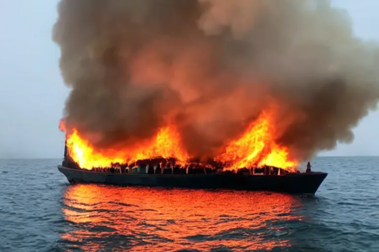 Image similar to a tourist taking a photo of a boat on fire in naples, cinematic shot, foggy, photo still from movie by denis villeneuve