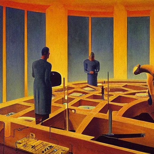 Image similar to scientists programming a doomsday device in a dome - shaped control center, grant wood, pj crook, edward hopper, oil on canvas