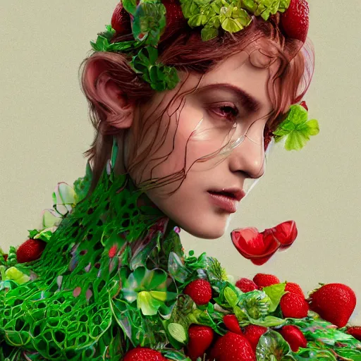 Prompt: the portrait of an absurdly beautiful, graceful, elegant, sophisticated, fashionable woman made of strawberries and green petals looking up, an ultrafine hyperdetailed illustration by kim jung gi, irakli nadar, intricate linework, bright colors, octopath traveler, final fantasy, unreal engine 5 highly rendered, global illumination, radiant light, detailed and intricate environment