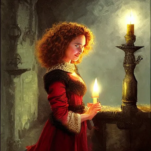 Prompt: young, curly haired, redhead Natalie Portman as a optimistic!, cheerful, rattlebrained medieval innkeeper in a dark medieval inn. dark shadows, colorful, candle light, law contrasts, fantasy concept art by Jakub Rozalski, Jan Matejko, and J.Dickenson