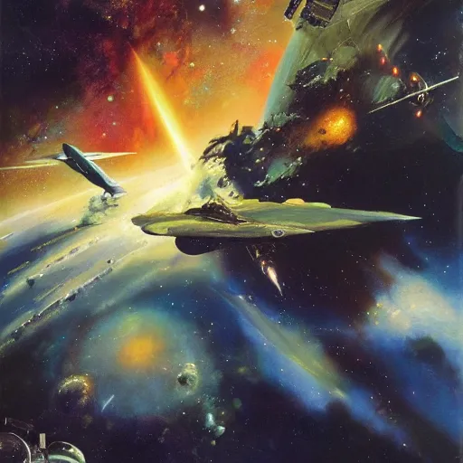 Image similar to phantom grip, the edge of the universe (on film), by John Berkey and Rodney Matthews