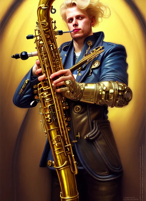 Prompt: portrait of a blond man playing sax, warhammer 40000, cyberpunk, intricate, elegant, highly detailed, digital painting, artstation, concept art, smooth, sharp focus, illustration, art by artgerm and greg rutkowski and alphonse mucha and Gustav Klimt