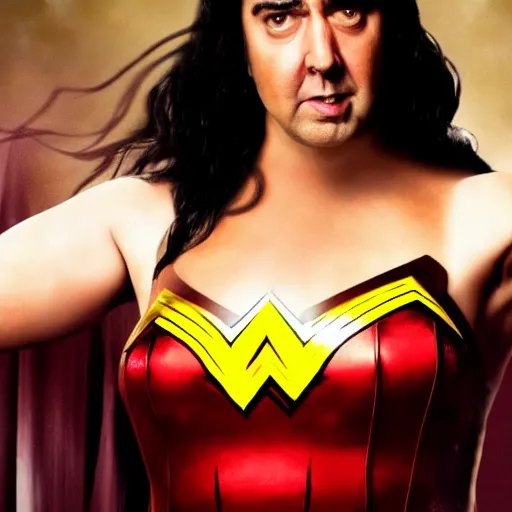 Image similar to a fat nic cage playing wonder woman, hd digital photography, movie still