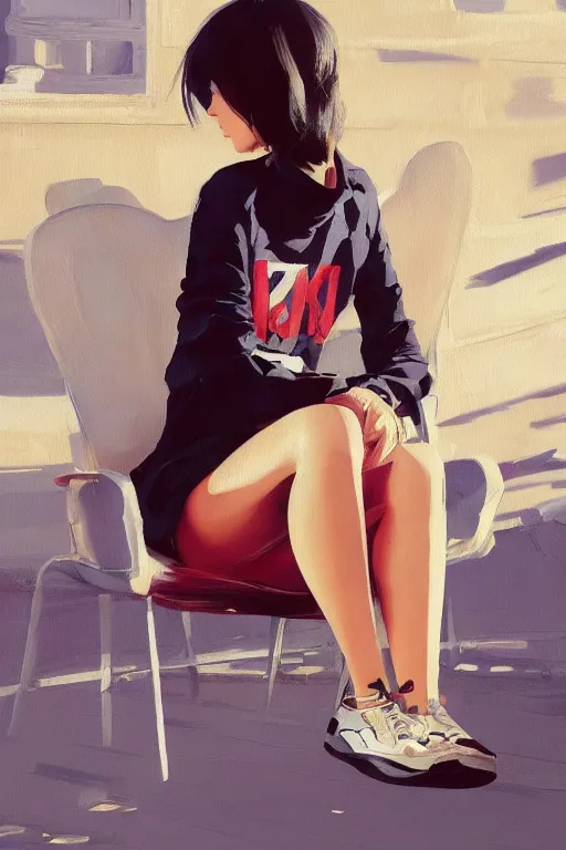 Image similar to A ultradetailed beautiful panting of a stylish woman looking at the camera, she is wearing streetwear, she is sitting on a chair, bright sunny day, Oil painting, by Ilya Kuvshinov, Greg Rutkowski and Makoto Shinkai