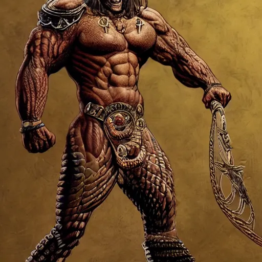 Image similar to serpent - man warlord wearing bronze age clothing, bodybuilder snake, anatomical, horrific background symmetrical, zoom out, high quality, high definition, 8 k, photograph photorealistic by frank frazetta