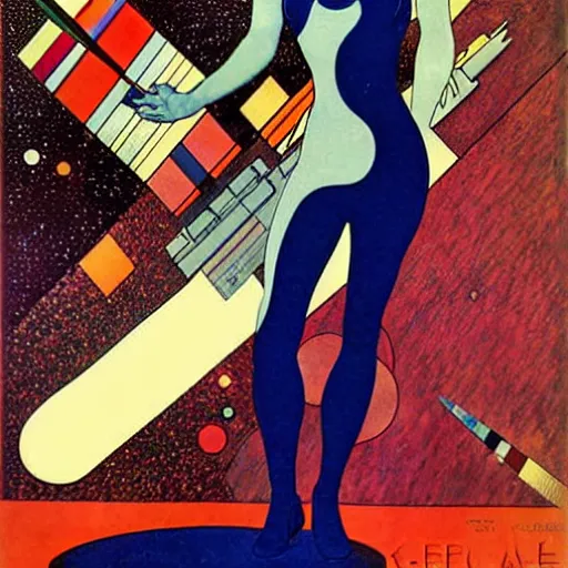 Prompt: Art by Coles Phillips, Eva Green as Space Commander Zeta from the Year 3000, Mucha, Kandinsky,