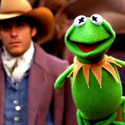 Prompt: kermit the frog in brokeback mountain, movie, photography,