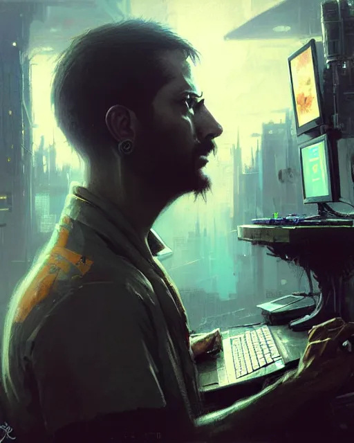 Image similar to programmer vaping staring at code on monitors in work from hope setup, pulp character portrait, ultra realistic, concept art, intricate details, highly detailed by greg rutkowski, gaston bussiere, craig mullins, simon bisley