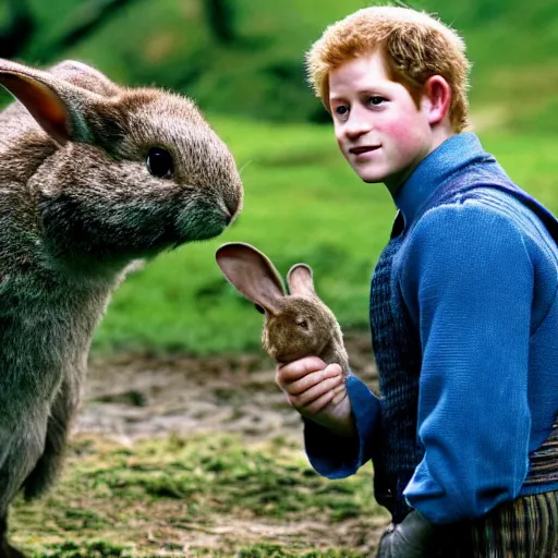 Image similar to Prince Harry as Bartook a teen hobbit with short curly dark brown hair wearing a blue vest with a white sash standing next to a giant rabbit, high resolution film still, movie by Peter Jackson