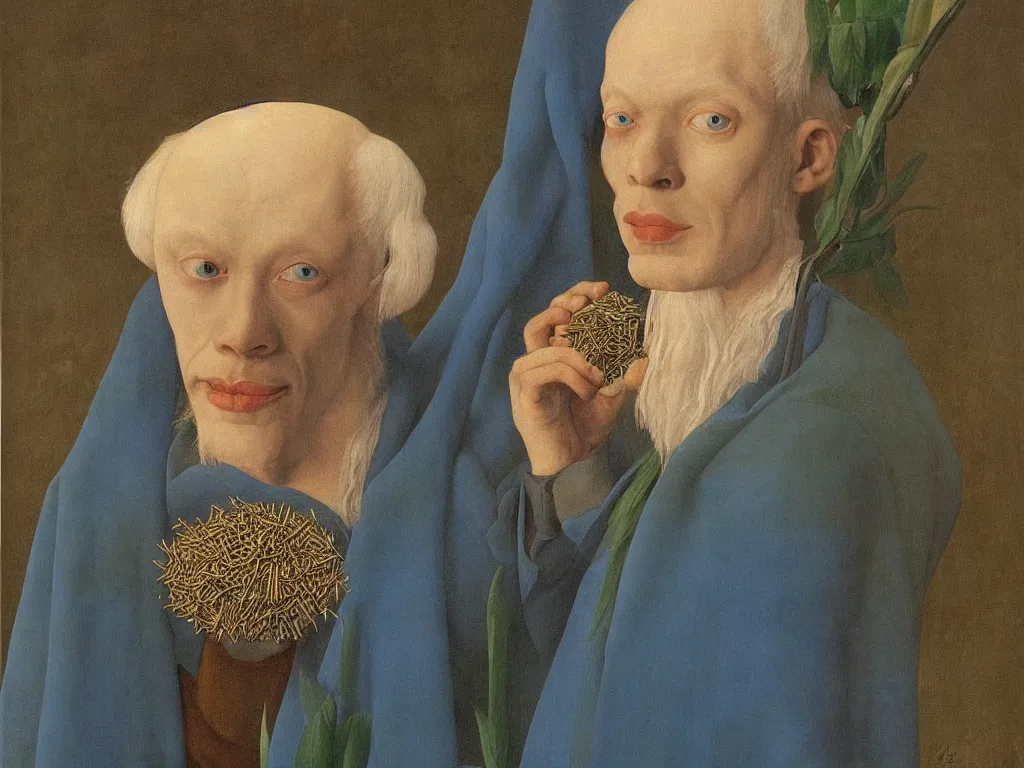 Image similar to Portrait of albino mystic with blue eyes, with beautiful exotic plant seed. Painting by Jan van Eyck, Audubon, Rene Magritte, Agnes Pelton, Max Ernst, Walton Ford
