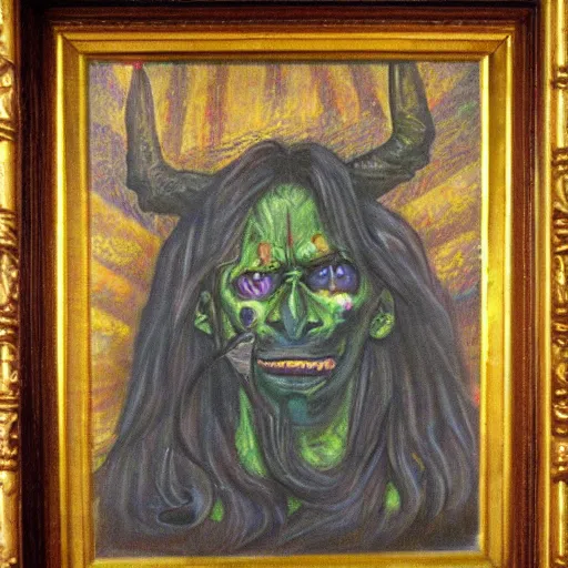 Image similar to portre of an autistic demon on acid, masonic and kabalistic symbols in background, oil painting