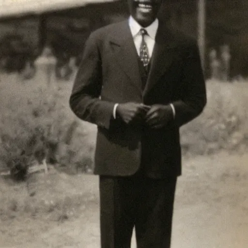 Image similar to vintage photo of a black man wearing a black suit in front of rio de janeiro