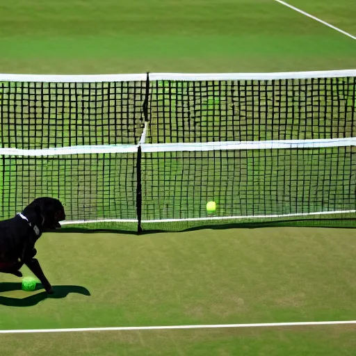 Prompt: dogs playing tennis at Wimbledon, funny photorealistic image