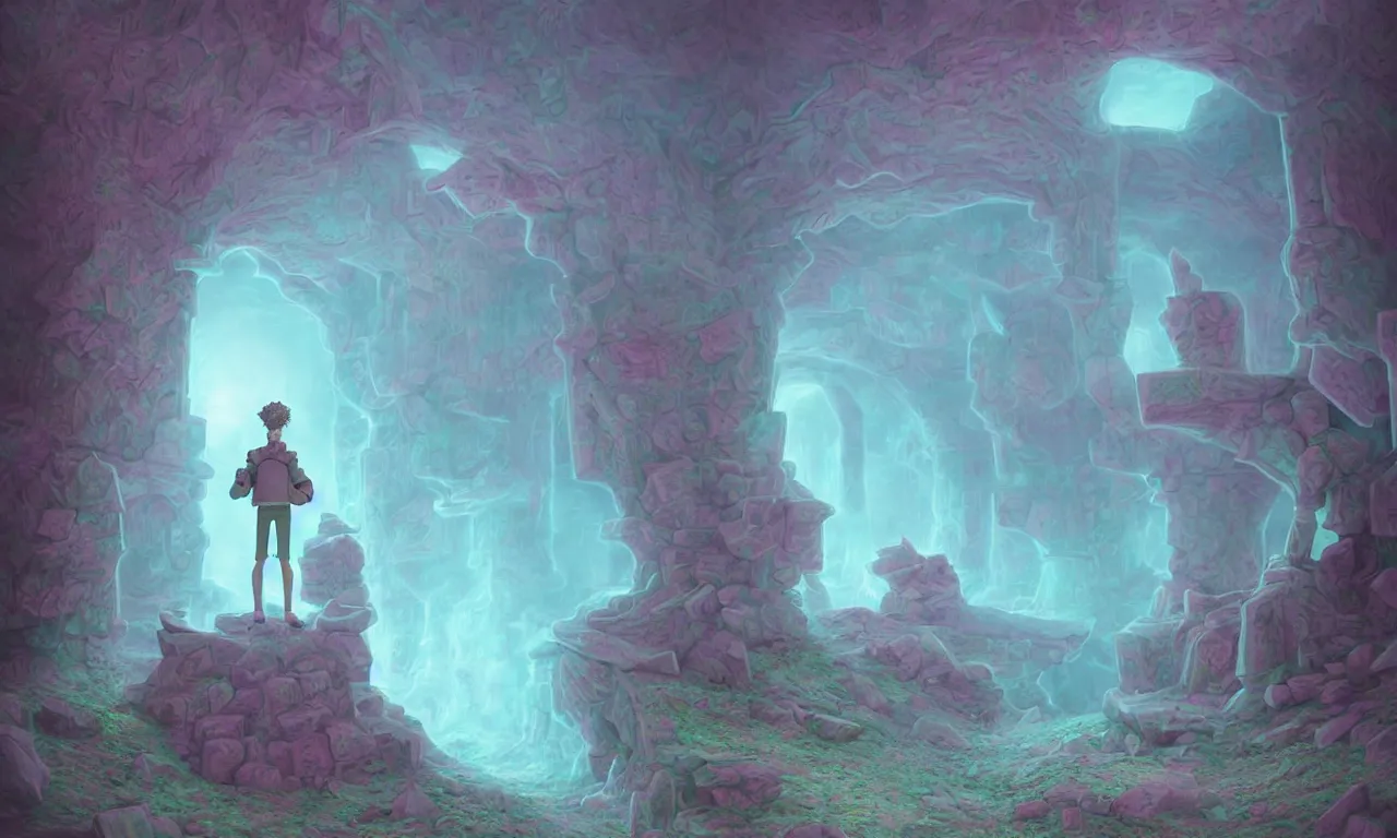 Image similar to kerberos realm, faked ticket, pastel colors, abandoned, ravine, 3 d art, digital illustration, perfect lighting