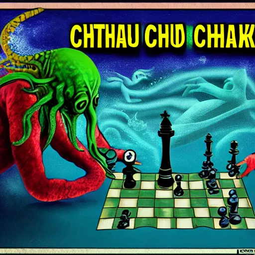 Prompt: cthulhu playing chess with god underwater